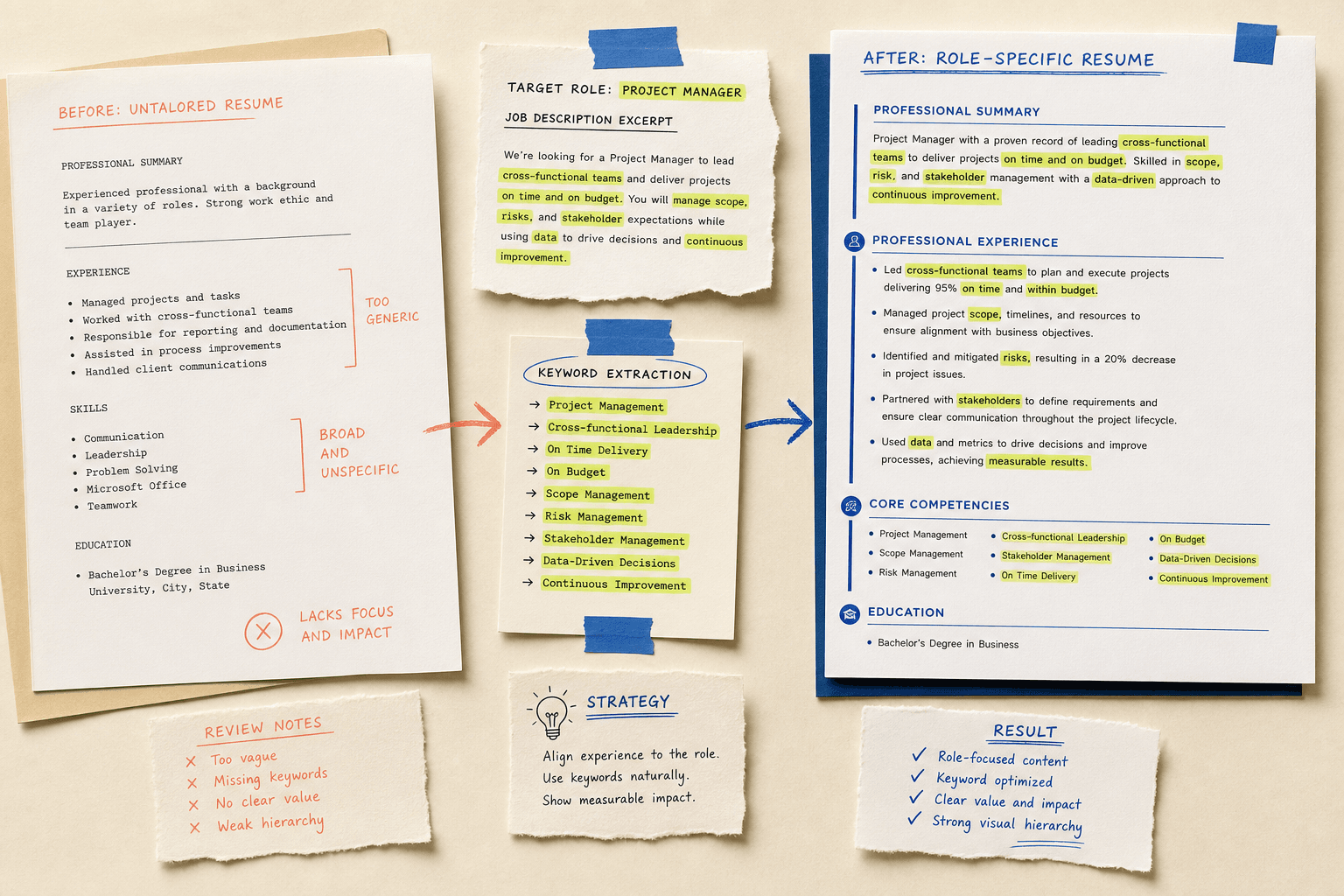 Before and after resume transformation with role keywords extracted in between